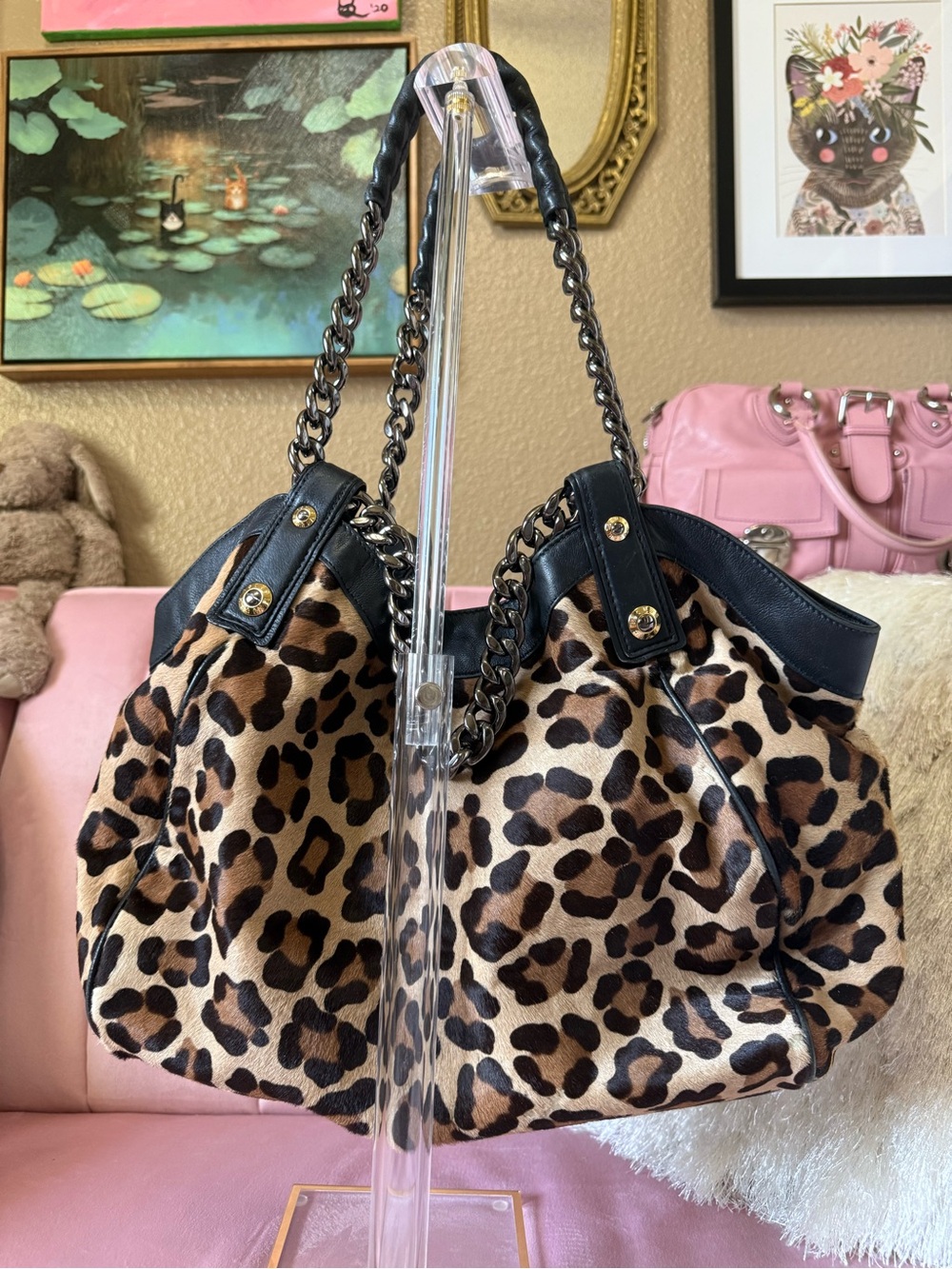 💯Auth! Henri Bendel Calf Hair Leopard Chain Handle Shoulder Bag Blk Leather Trim - Picture 3 of 16